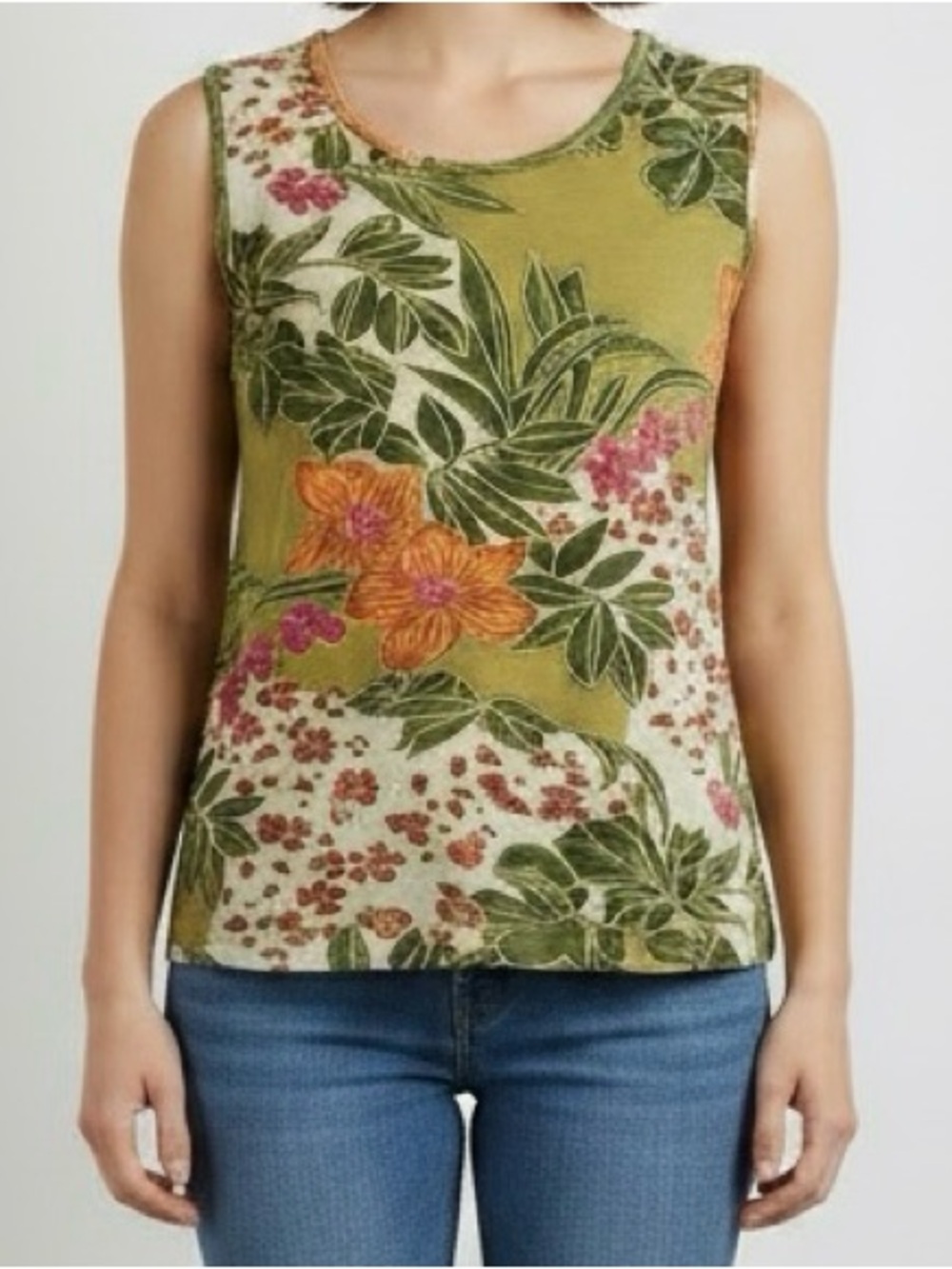 Jane Ashley Olive Floral Tank with Orange & Pink Blooms